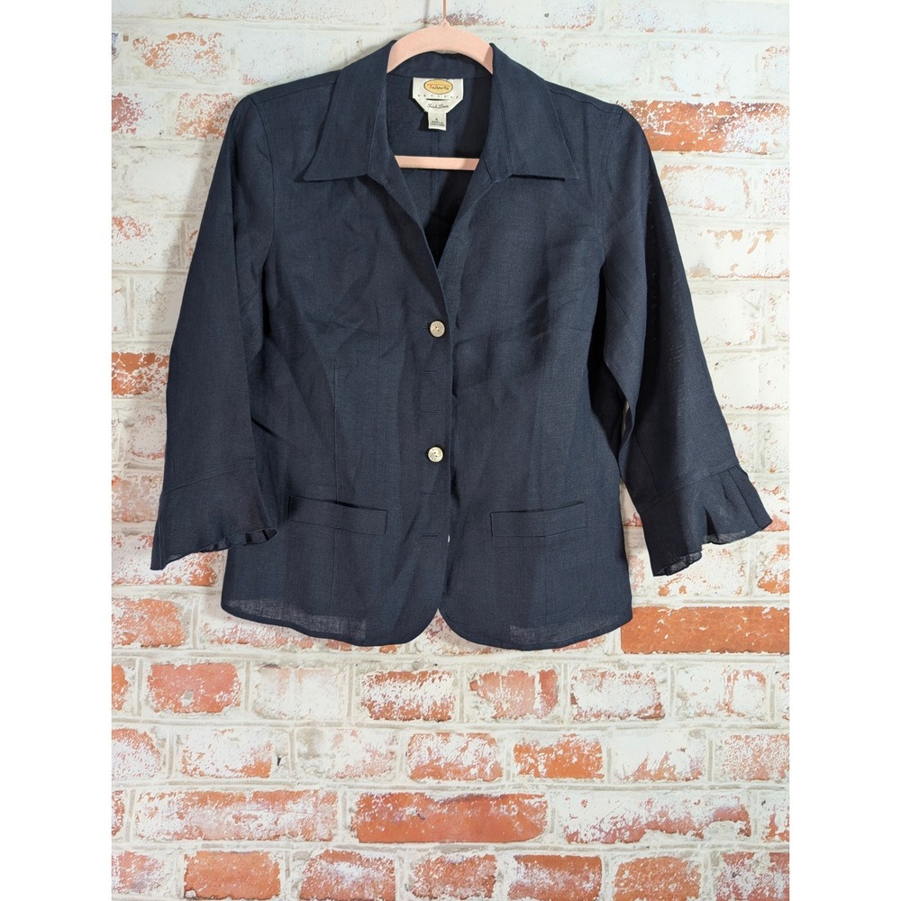 Talbots Irish Linen Blazer Women 6P Navy Blue Ruffle Cuff 3/4 Sleeve Jacket